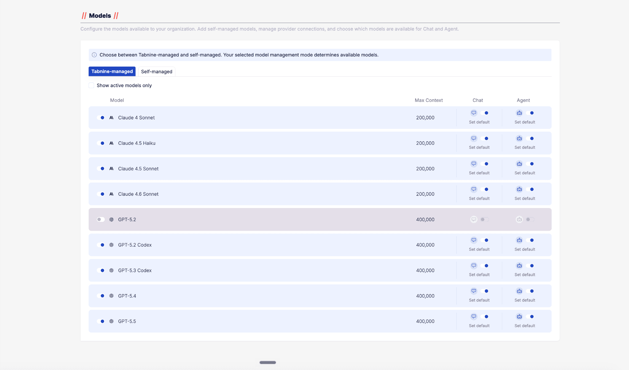 Tabnine-managed models tab in the Models experience