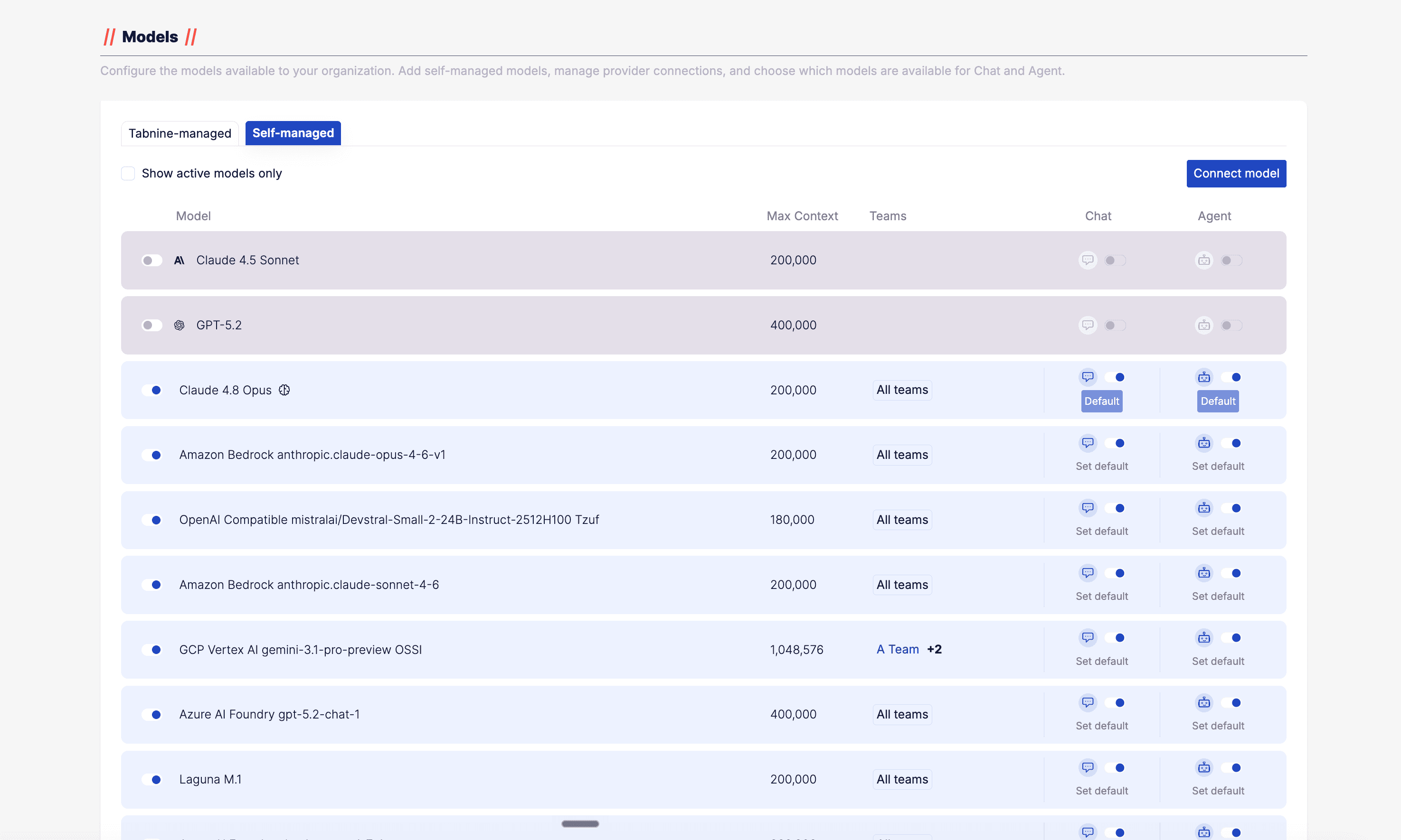 Self-managed models tab in the Models experience
