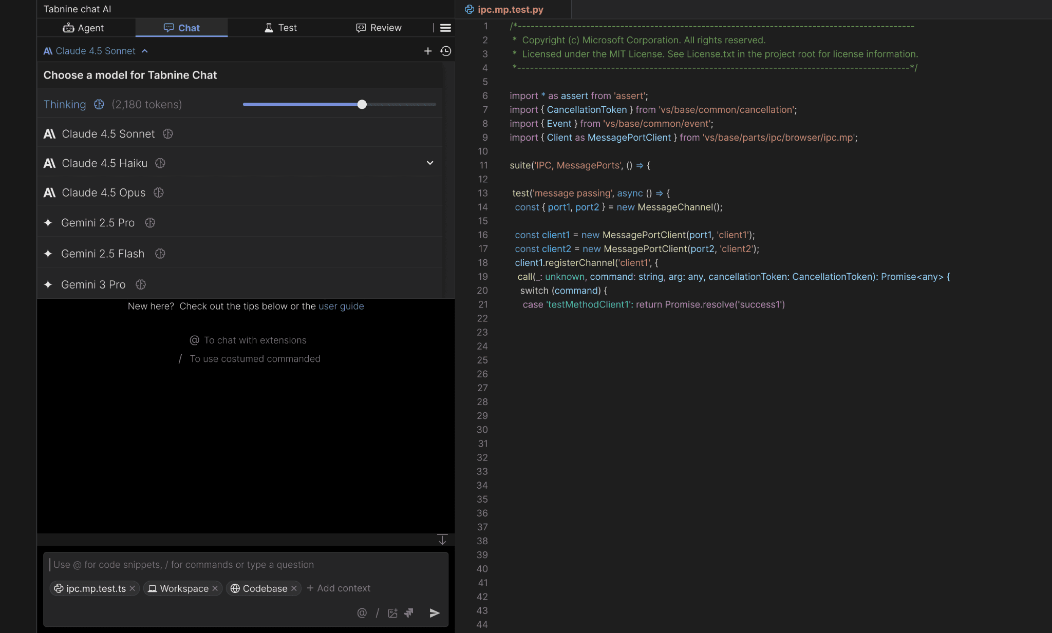 Developer choosing an available AI model in the Tabnine IDE experience
