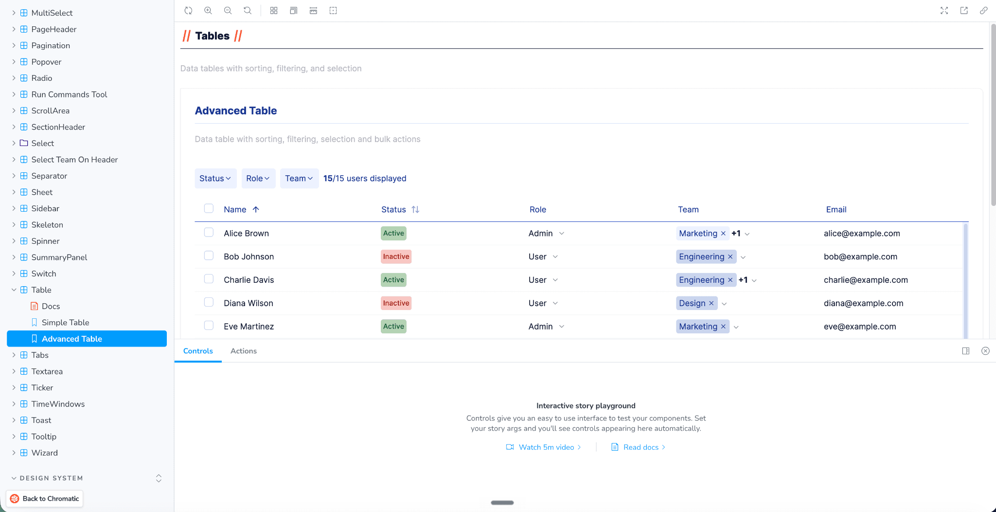 Advanced data table component with sorting, filtering, selection, and pagination in Storybook.