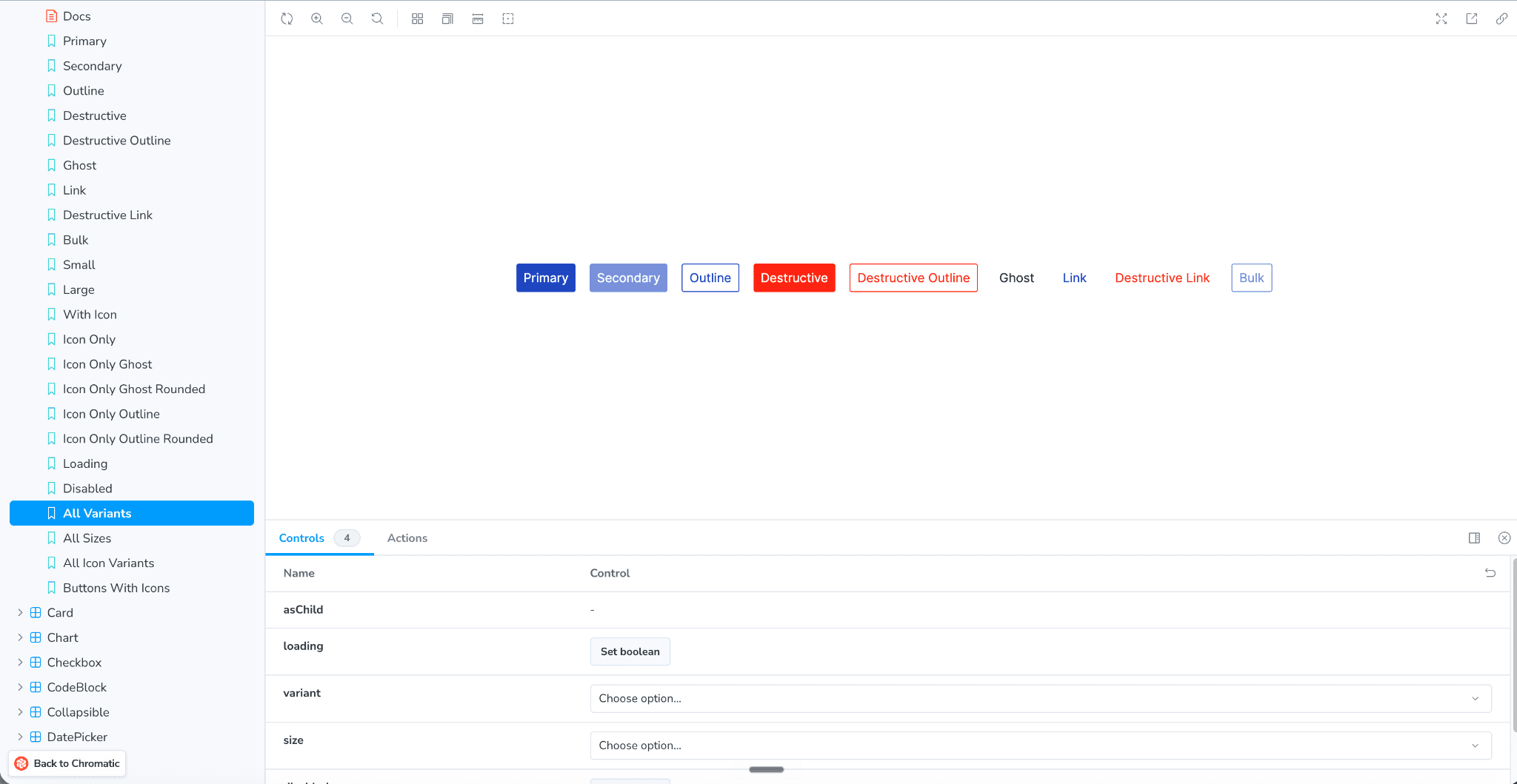 Button component with multiple variants, sizes, and interactive states in Storybook.