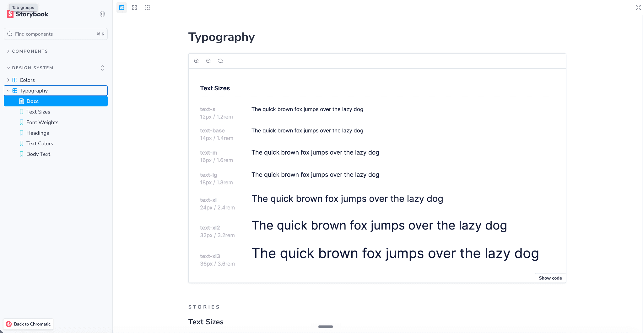 Design System typography scale with sizes, weights, and usage examples in Storybook.