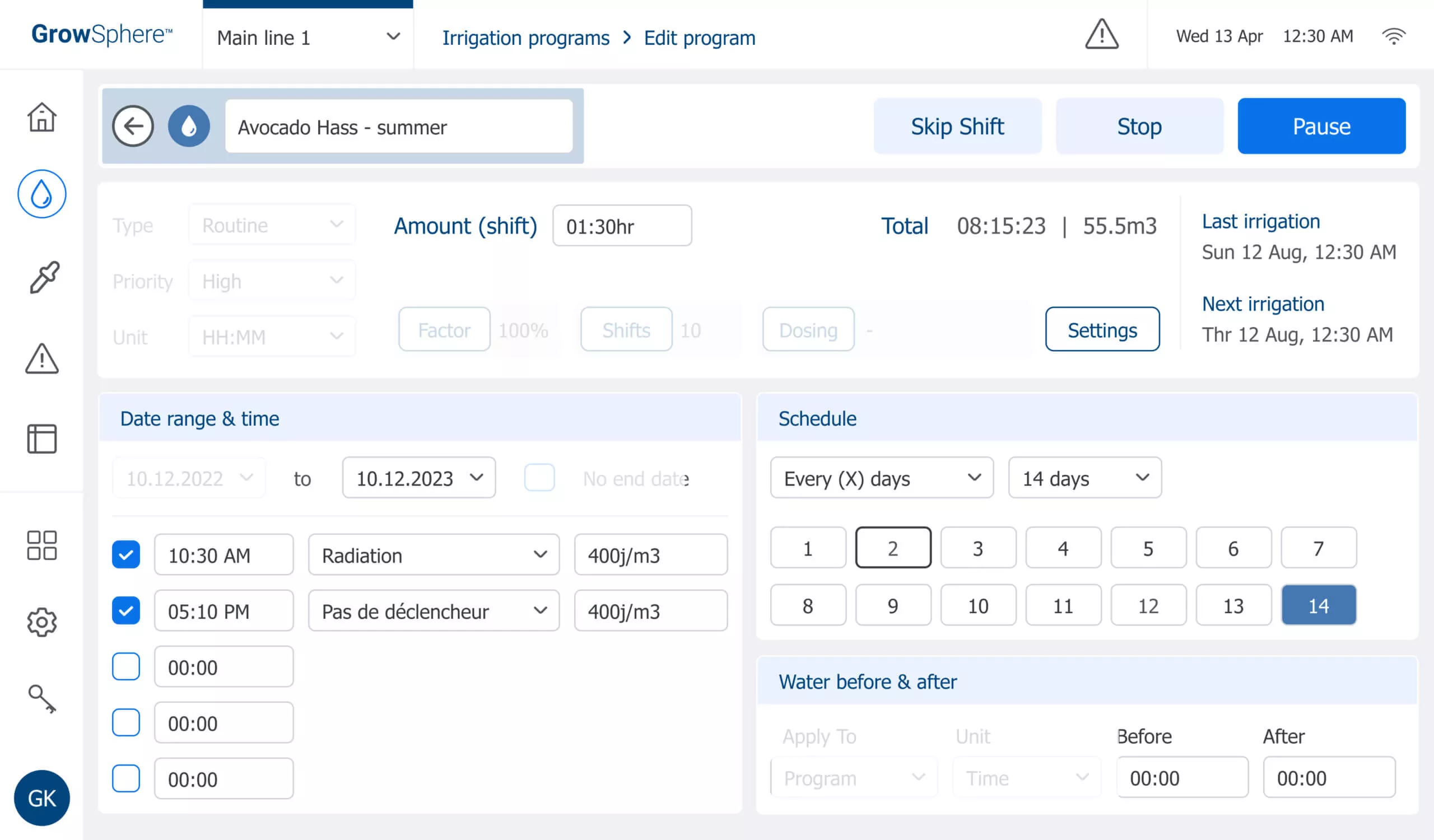 Program status — irrigating — after