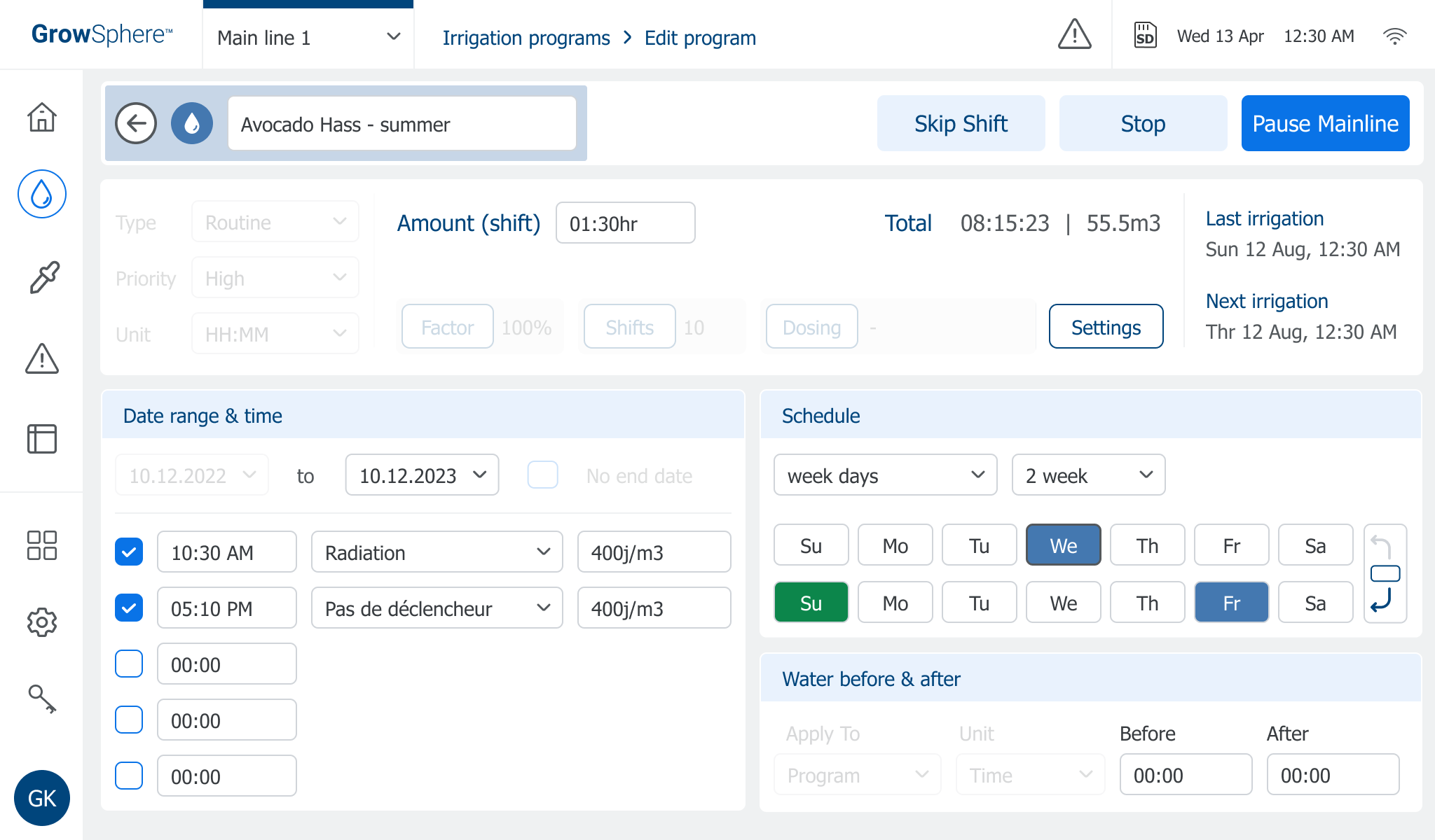 Program status — irrigating