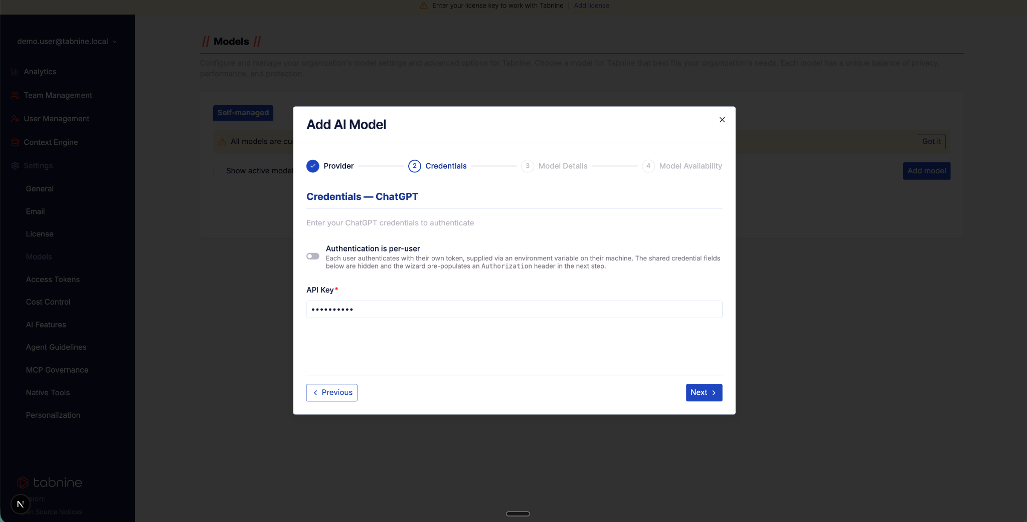 Step 2 — Credentials (alternate provider)